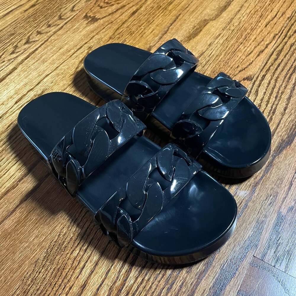 Tory Burch Chain Slide Sandals Size 9 Black Rubber